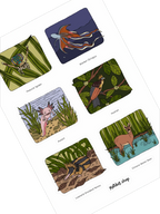 Set of colorful animal-themed pouches with illustrations on a white background