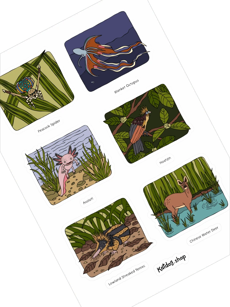 Set of colorful animal-themed pouches with illustrations on a white background