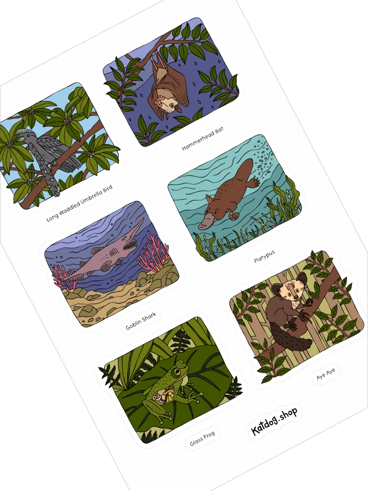 sticker sheet with animal illustrations on a white background
