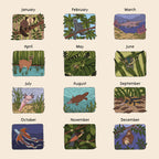 Illustrations of animals corresponding to each month of the year on a beige background.