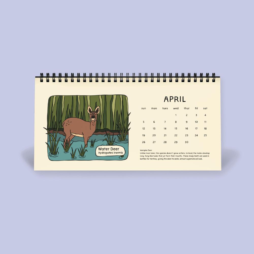 Flip Calendar with an illustration of a water deer on a light purple background