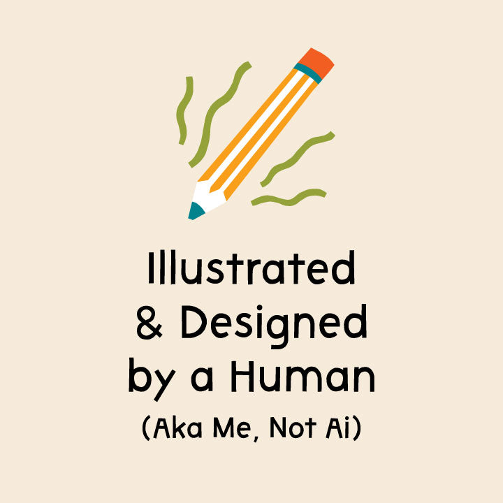 Illustration of a pencil with the text 'Illustrated & Designed by a Human (Aka Me, Not Ai)' on a beige background