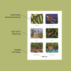 Sheet of hand-drawn animal illustrations with text on a green background