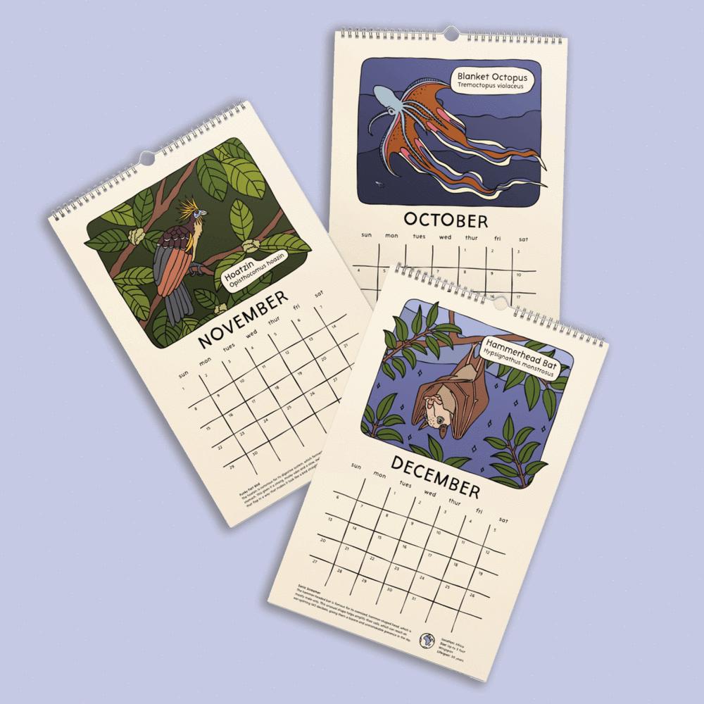 Three pages of a calendar showing November, October, and December on a light purple background.