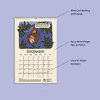 Calendar with a hammerhead bat illustration on a purple background