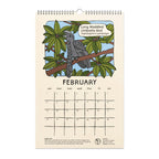 Calendar page for February with a long waddled umbrella bird illustration on a beige background