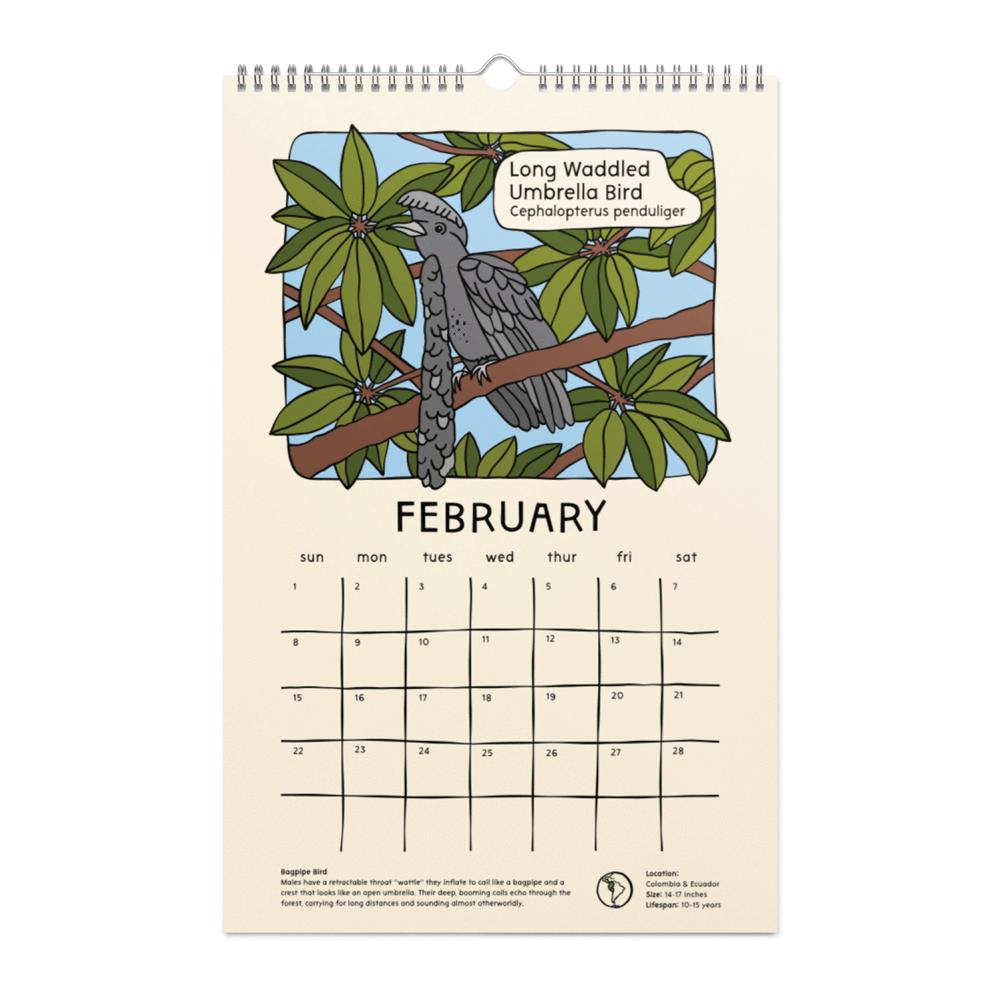 Calendar page for February with a long waddled umbrella bird illustration on a beige background