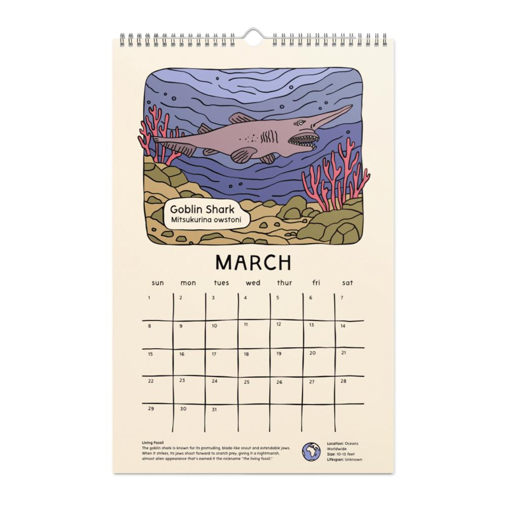 Calendar page for March with a goblin shark illustration on a beige background