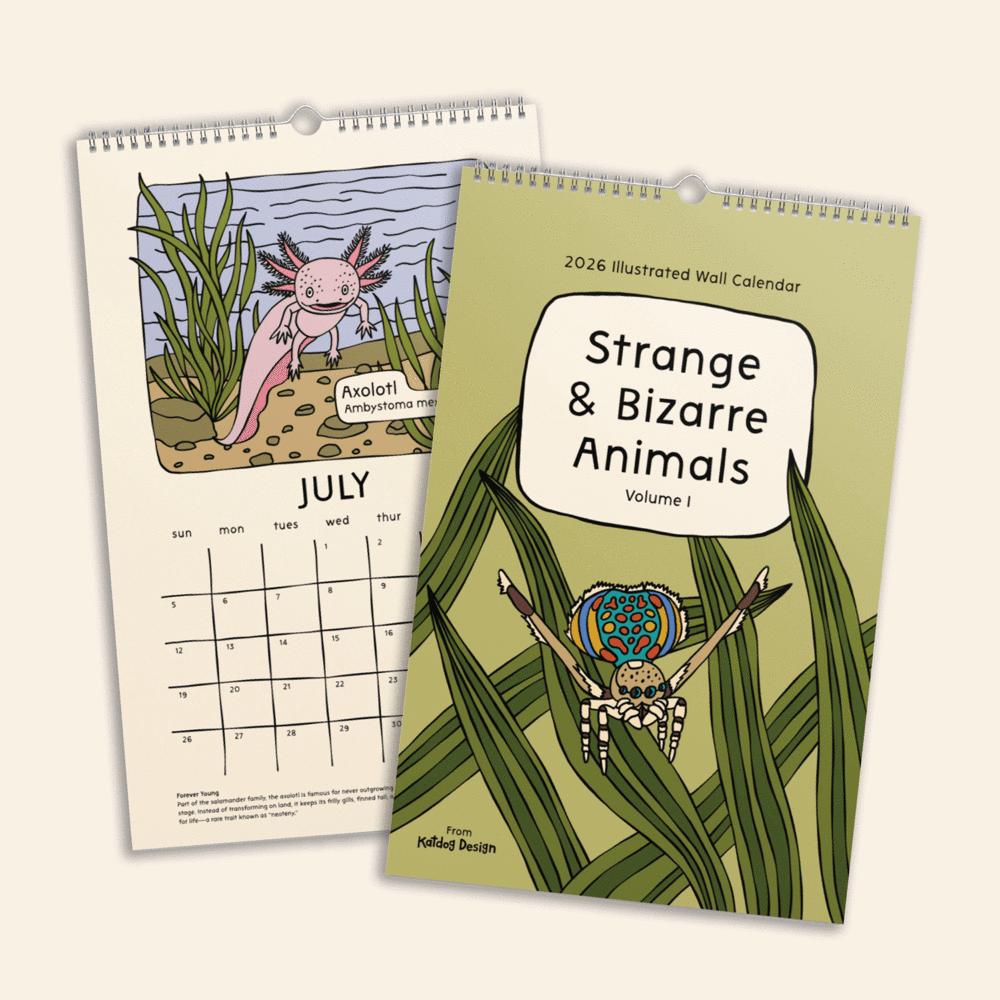 Calendar with illustrations of axolotl and spider, titled 'Strange & Bizarre Animals'.