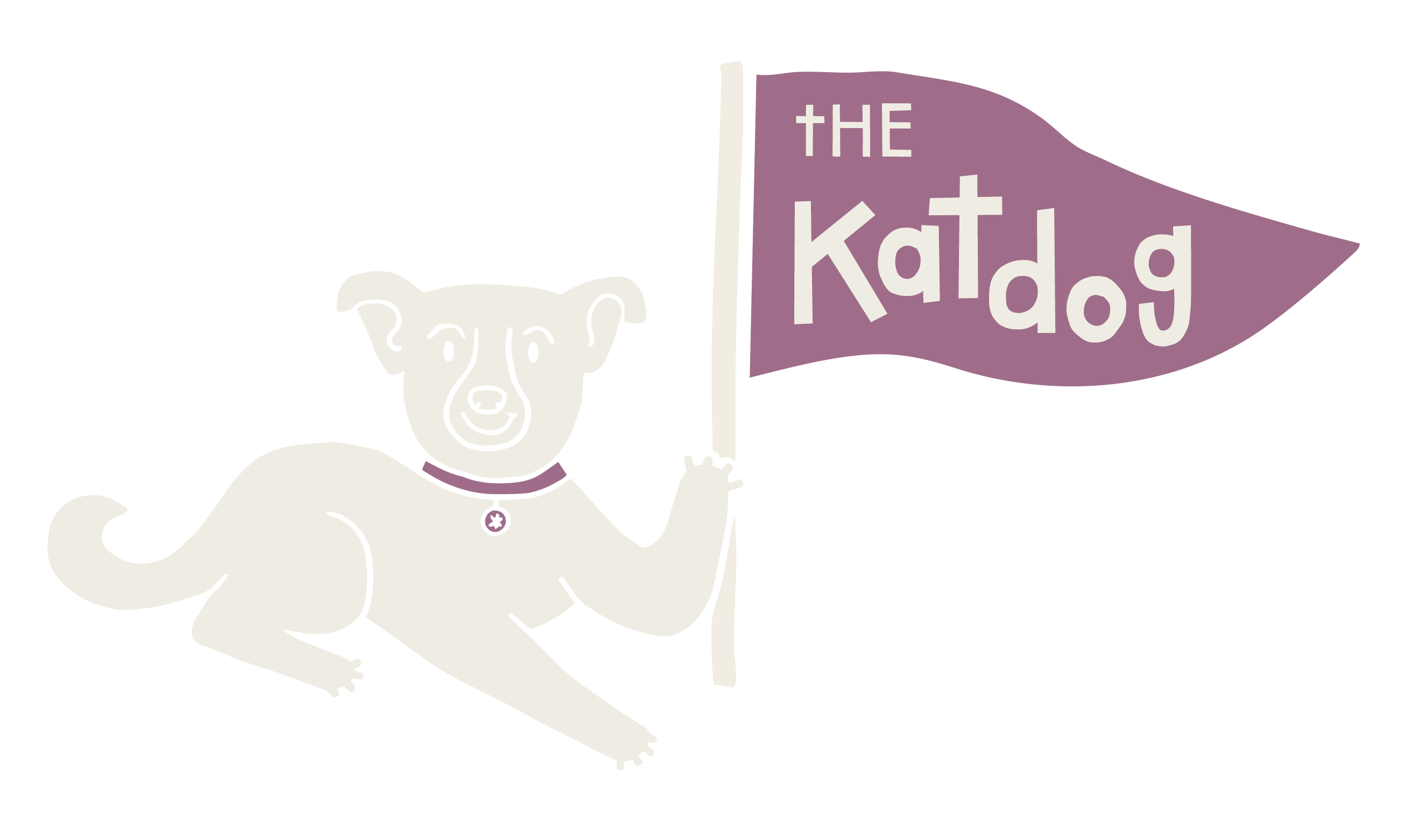 White dog holding a purple flag with 'The Katdog' text on a white background